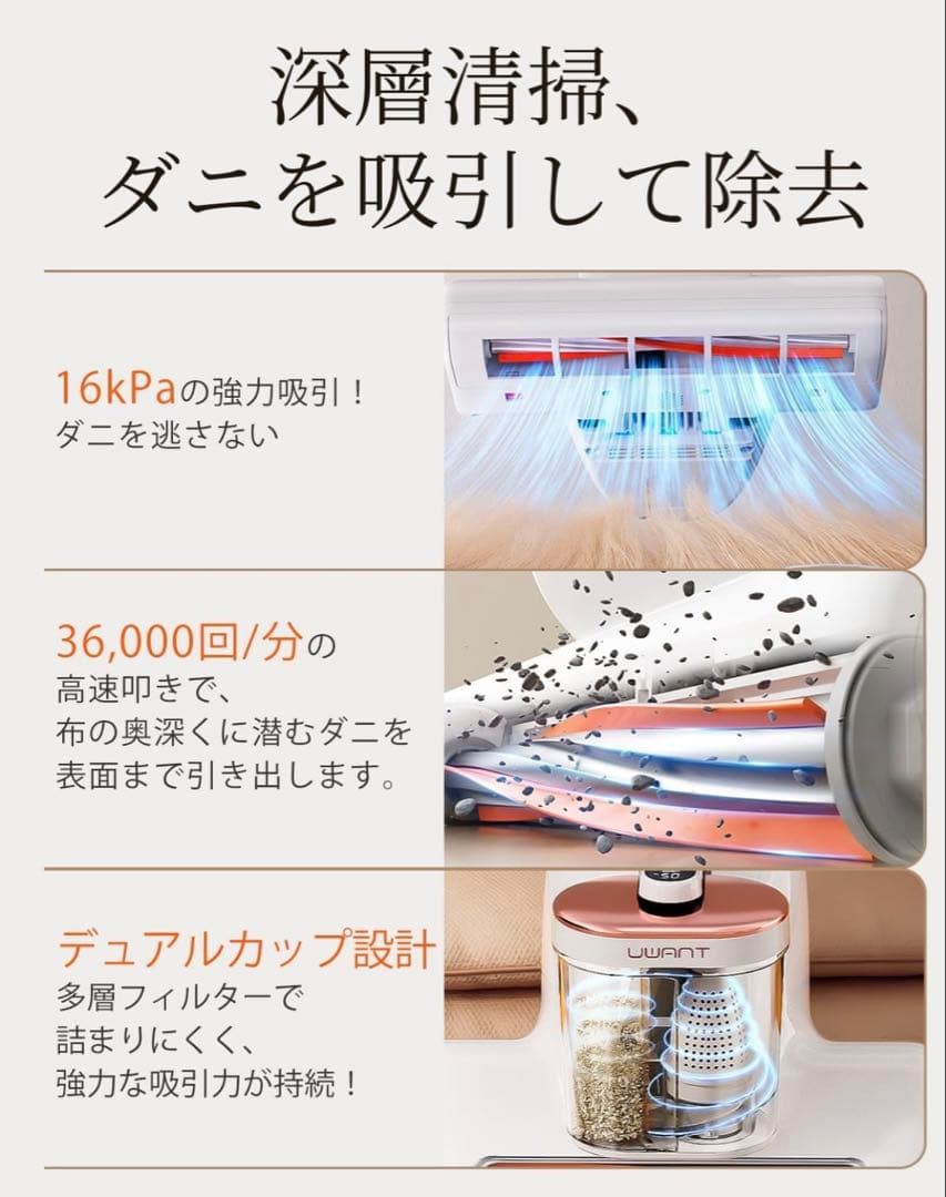 UWANT M100 布団クリーナー 16Kpaの強力な吸引力 ダニ駆除