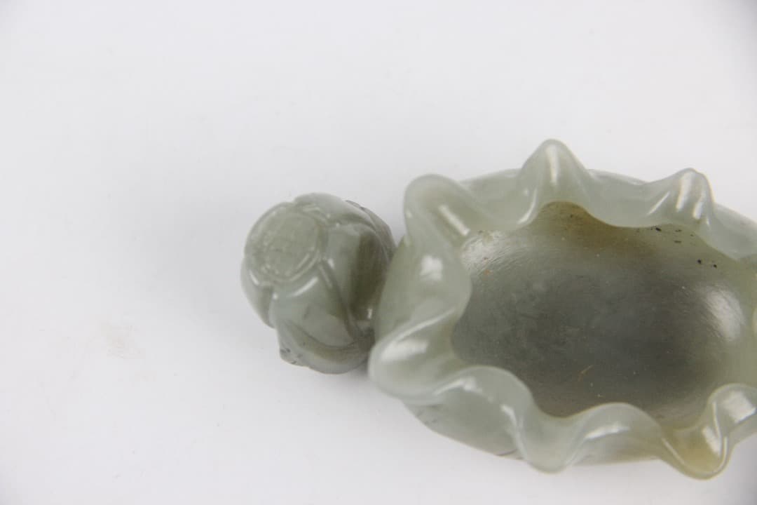中国美術　清時代 和田白玉 雕荷葉洗・螭龍耳 玉水盂 文房古玉 ENM23-8
