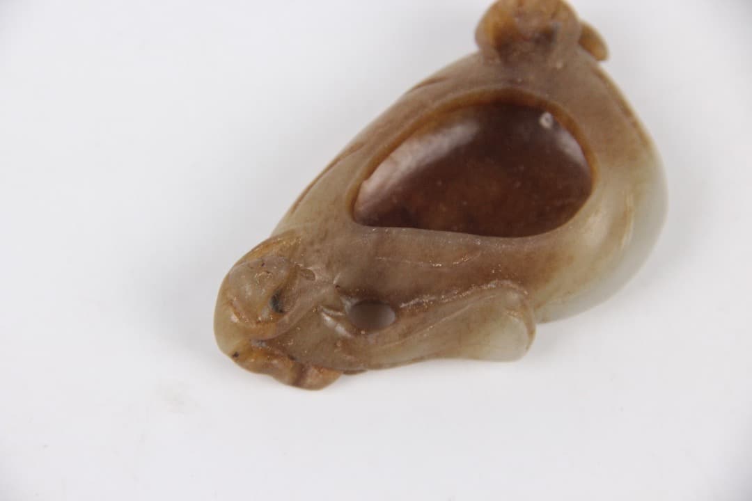 中国美術　清時代 和田白玉 雕荷葉洗・螭龍耳 玉水盂 文房古玉 ENM23-8