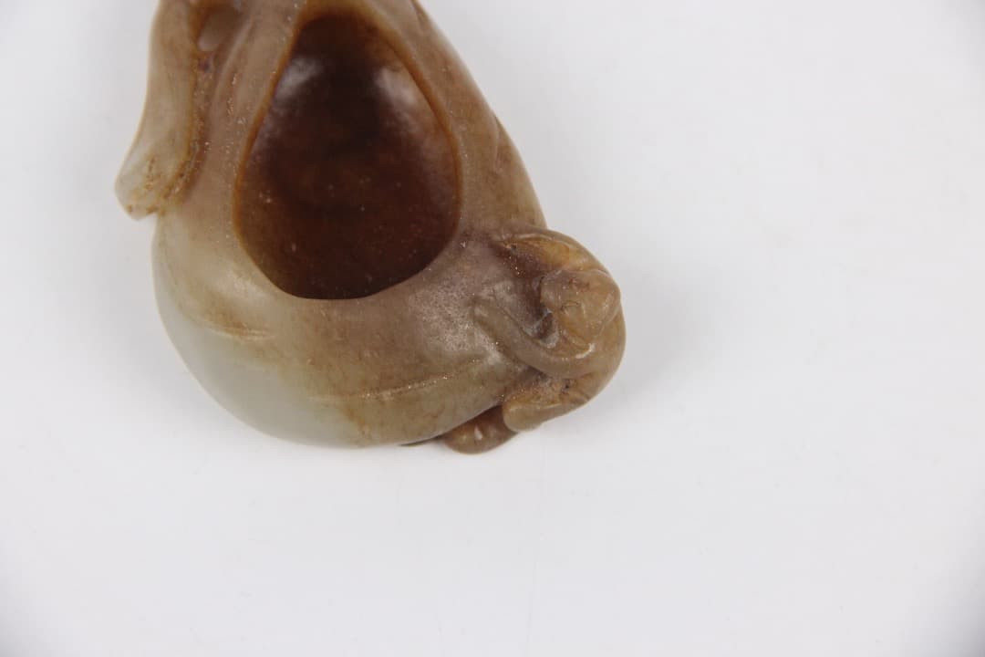 中国美術　清時代 和田白玉 雕荷葉洗・螭龍耳 玉水盂 文房古玉 ENM23-8