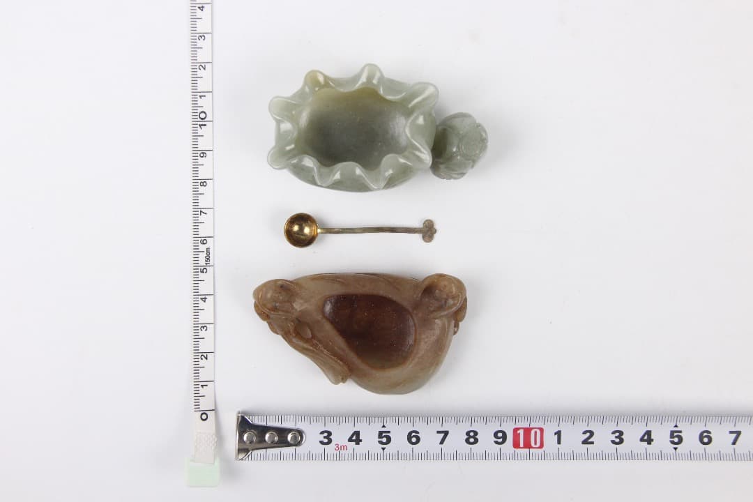 中国美術　清時代 和田白玉 雕荷葉洗・螭龍耳 玉水盂 文房古玉 ENM23-8