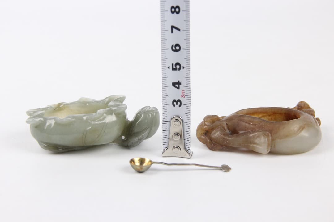 中国美術　清時代 和田白玉 雕荷葉洗・螭龍耳 玉水盂 文房古玉 ENM23-8