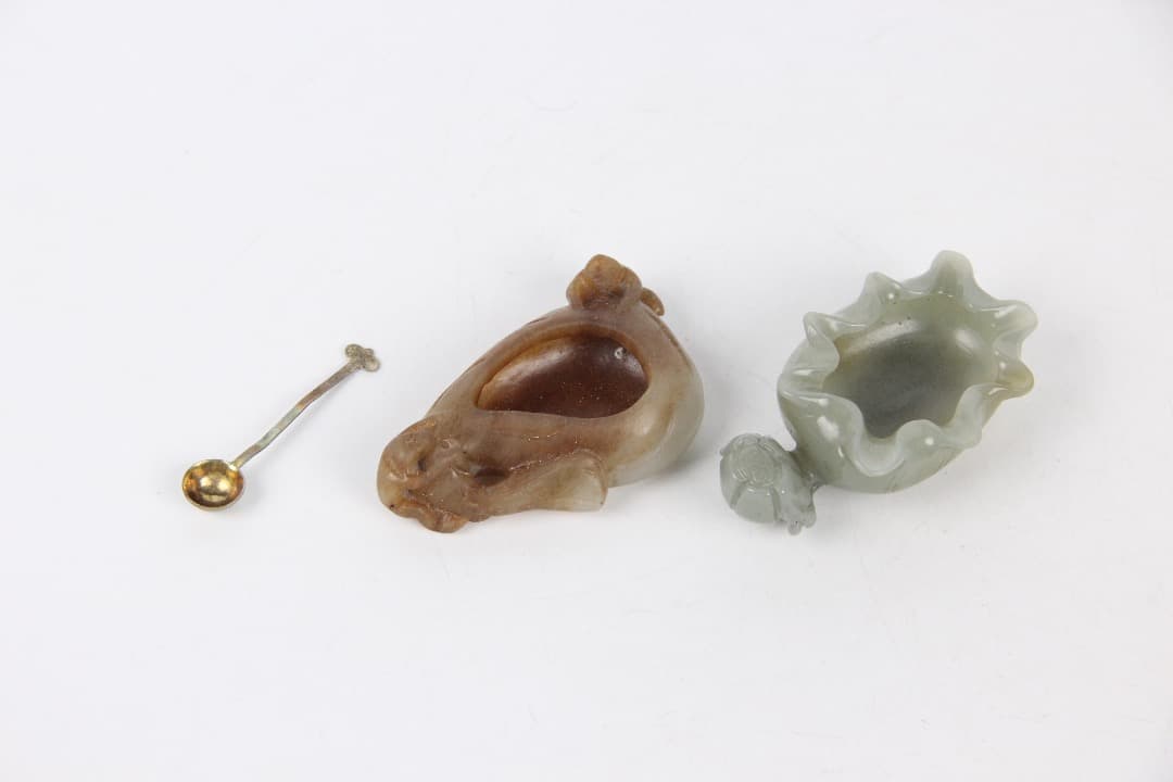 中国美術　清時代 和田白玉 雕荷葉洗・螭龍耳 玉水盂 文房古玉 ENM23-8