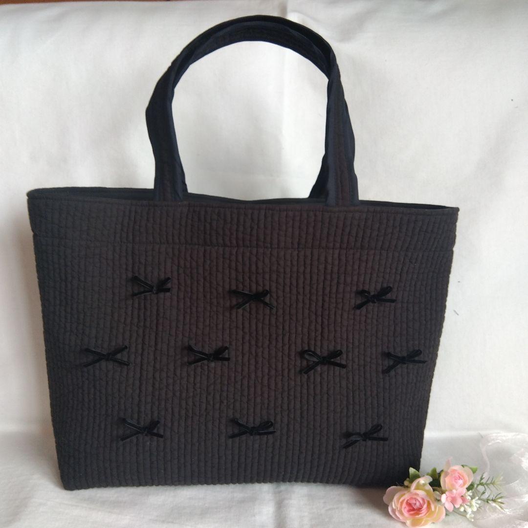 持ち手44 ブラックSリボン15個☆トートバッグL☆ ダークグレー