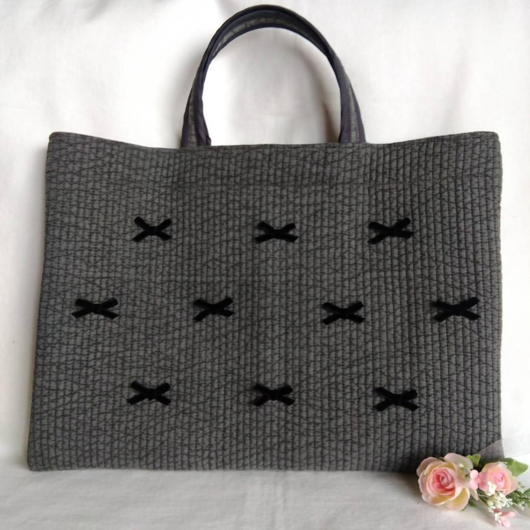 持ち手44 ブラックSリボン15個☆トートバッグL☆ ダークグレー