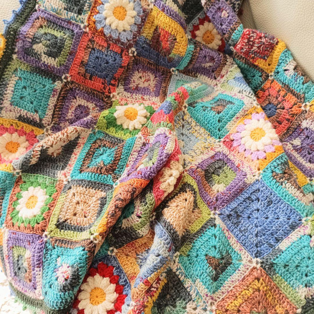 手編みブランケット★オパール毛糸★かぎ針編み★フラワーモチーフ★お花★カラフル
