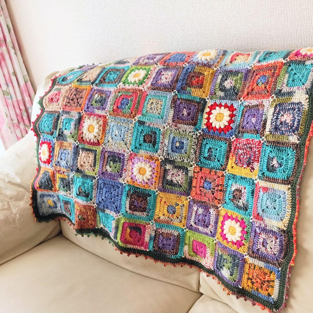 手編みブランケット★オパール毛糸★かぎ針編み★フラワーモチーフ★お花★カラフル