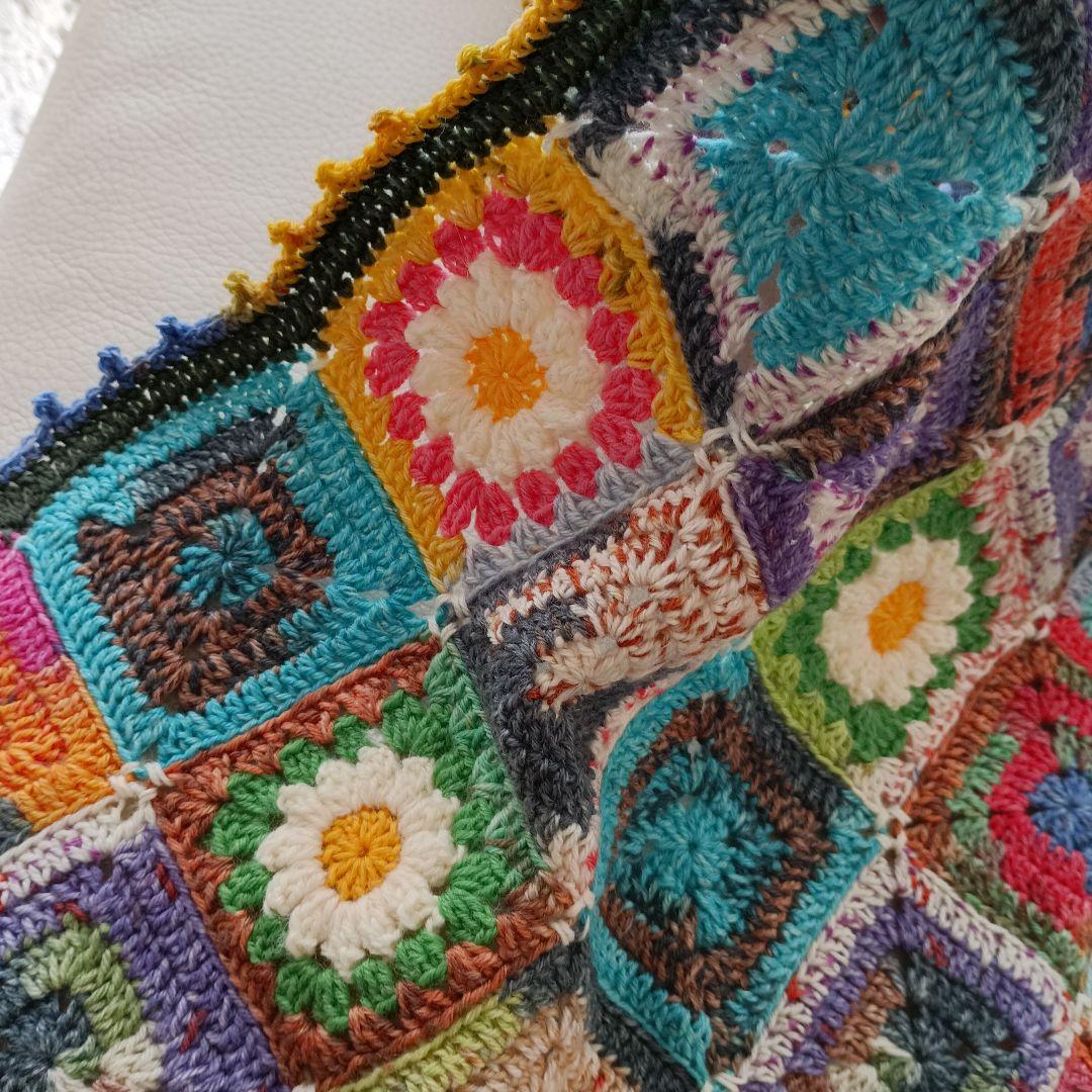手編みブランケット★オパール毛糸★かぎ針編み★フラワーモチーフ★お花★カラフル