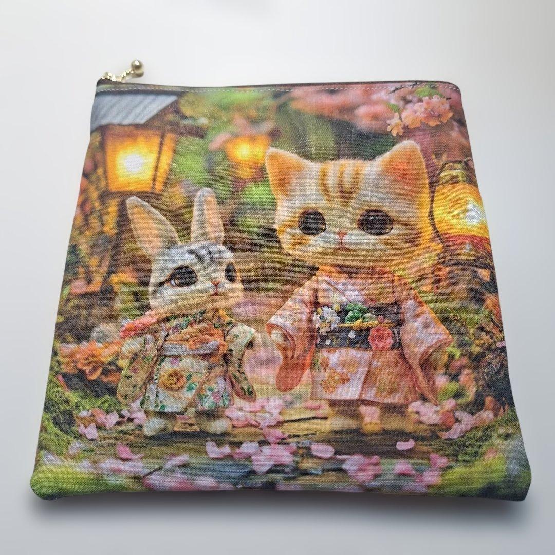 ねこパネル生地　ハンドメイド　フラットポーチ