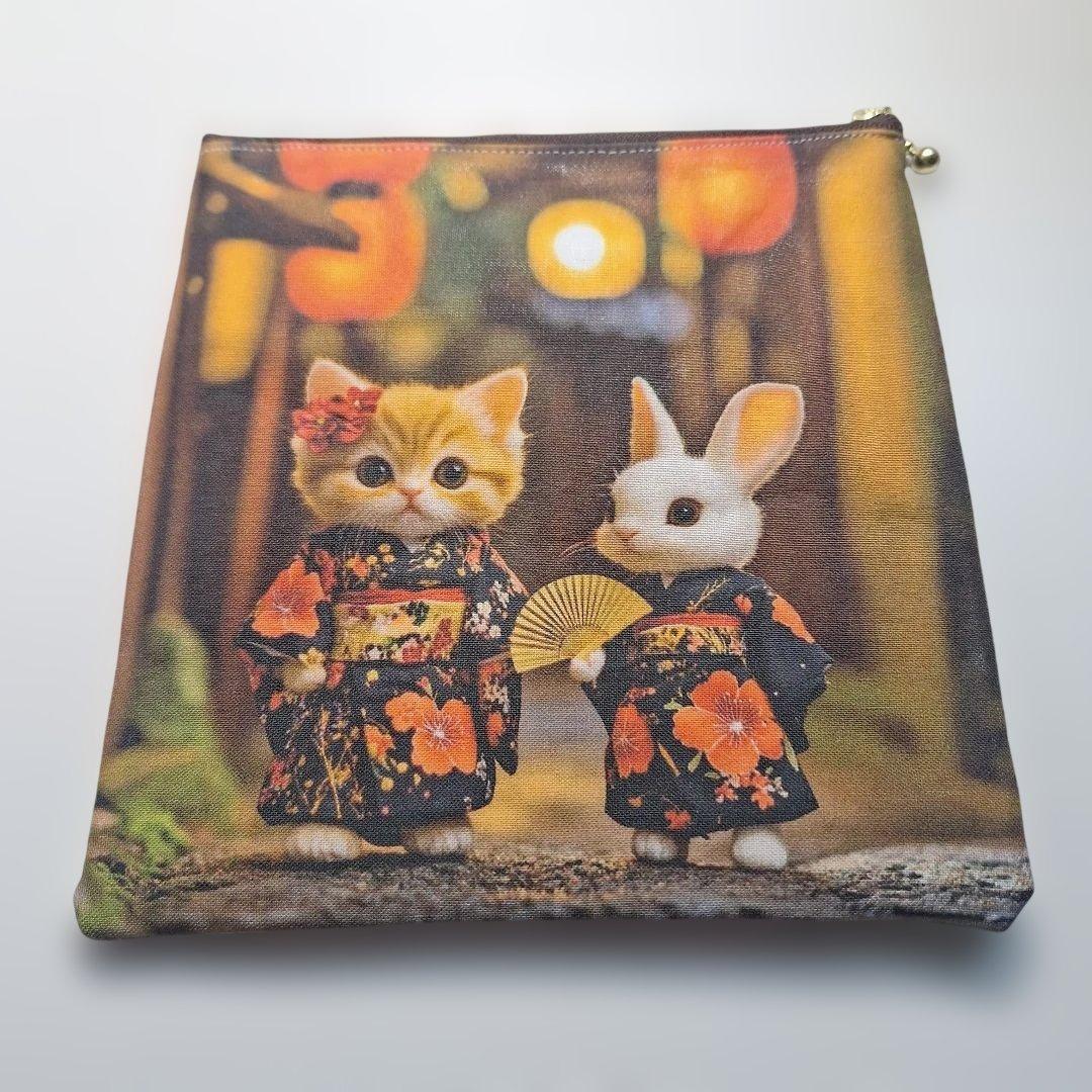 ねこパネル生地　ハンドメイド　フラットポーチ