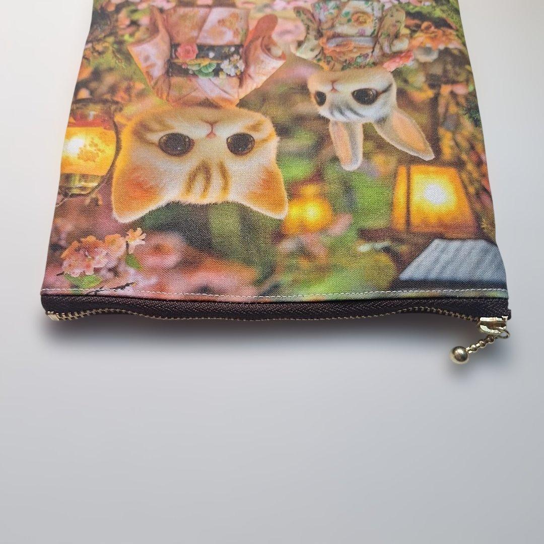 ねこパネル生地　ハンドメイド　フラットポーチ