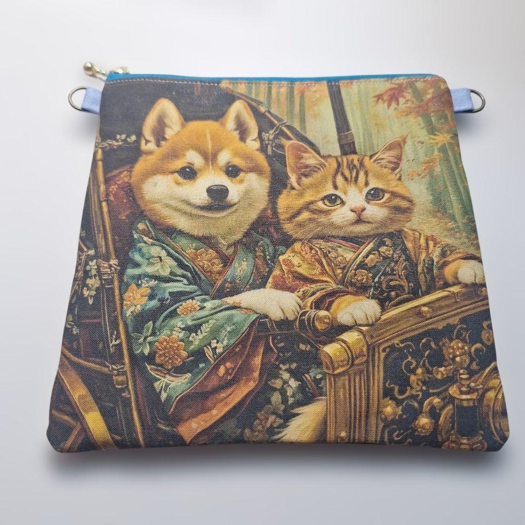 ねこパネル生地　ハンドメイド　フラットポーチ