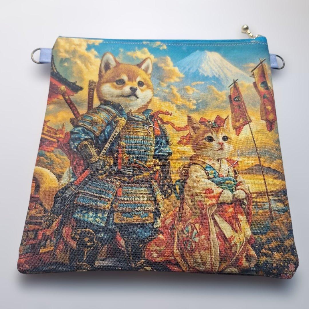 ねこパネル生地　ハンドメイド　フラットポーチ