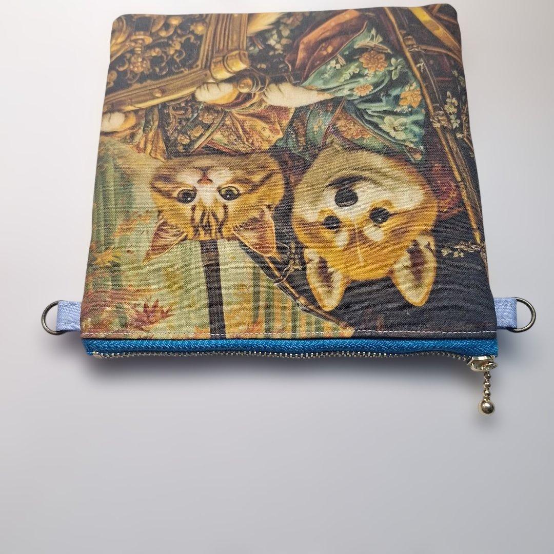 ねこパネル生地　ハンドメイド　フラットポーチ