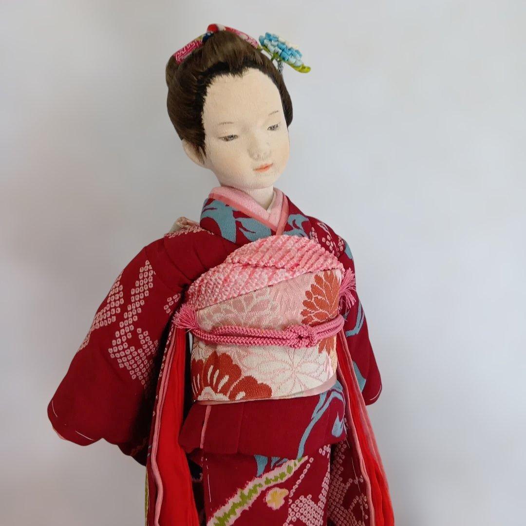 人形 えんじ色の着物　創作人形 布貼りハンドメイド