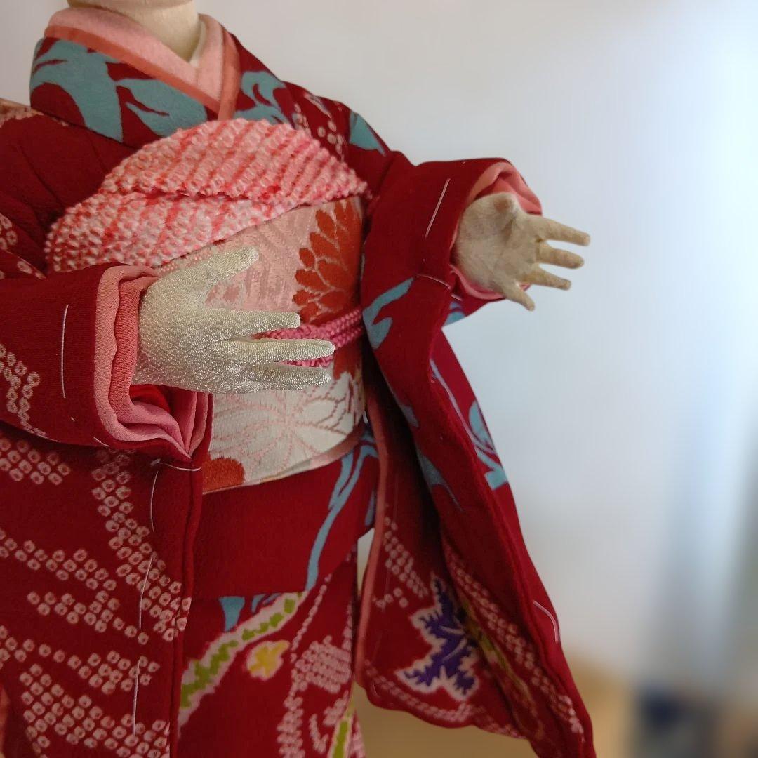 人形 えんじ色の着物　創作人形 布貼りハンドメイド