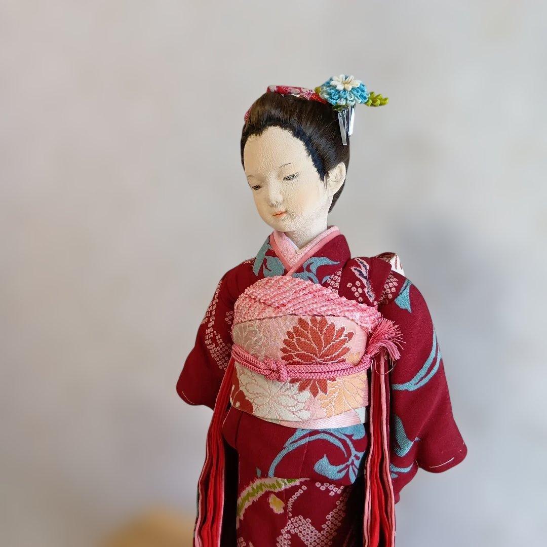 人形 えんじ色の着物　創作人形 布貼りハンドメイド