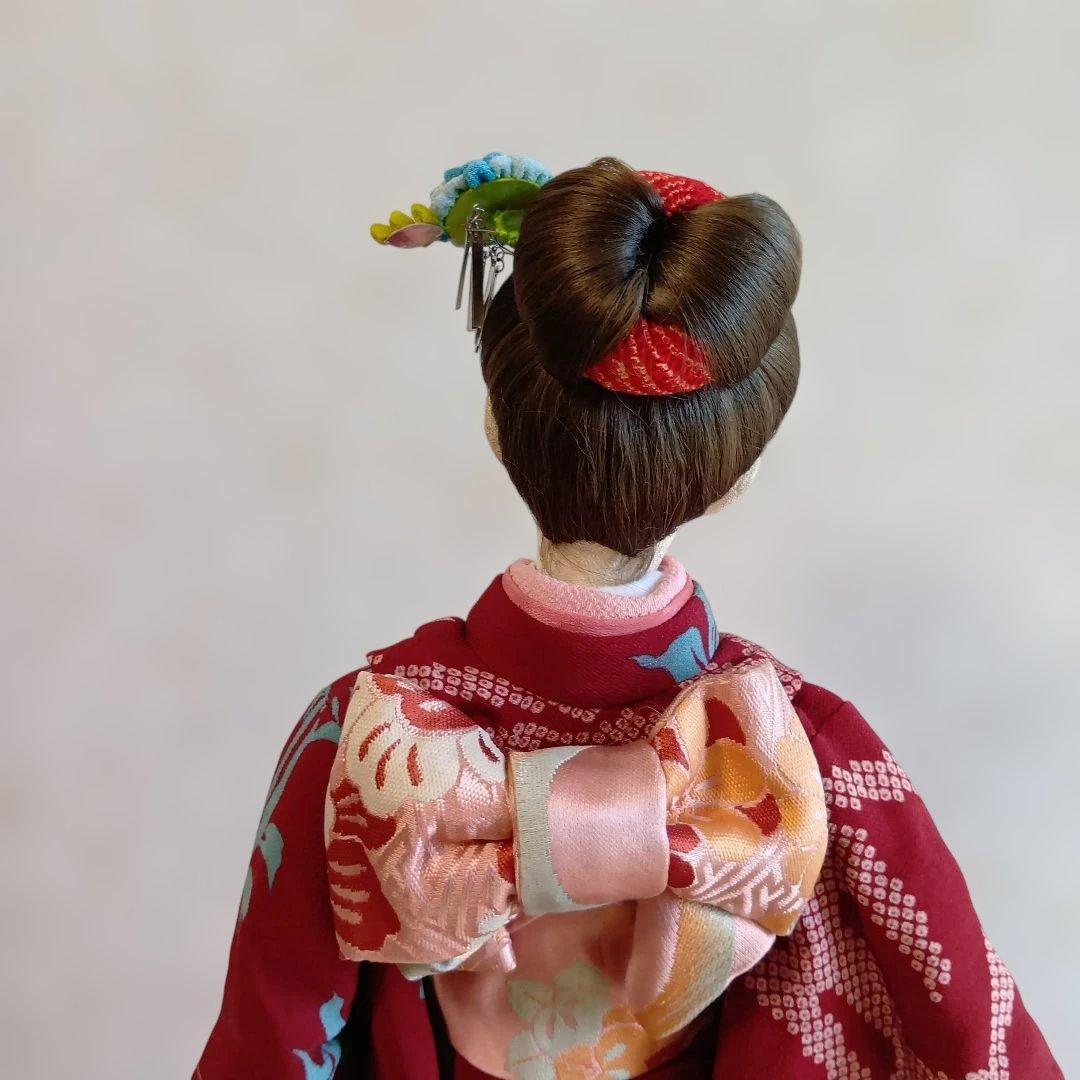 人形 えんじ色の着物　創作人形 布貼りハンドメイド