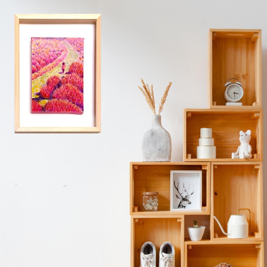 風景画 「コキアの道」油彩画 ピンク系 紅葉 木製フレーム