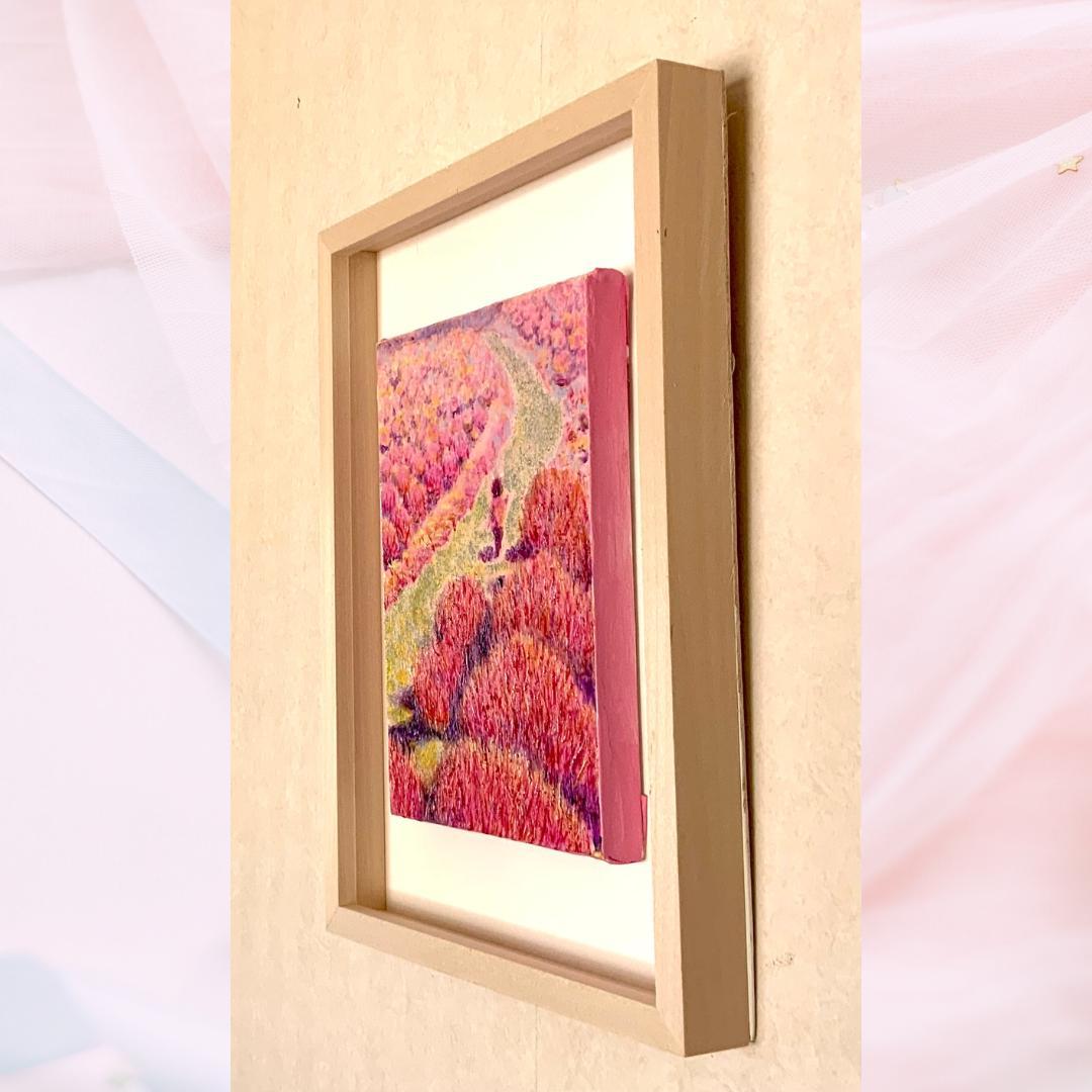風景画 「コキアの道」油彩画 ピンク系 紅葉 木製フレーム