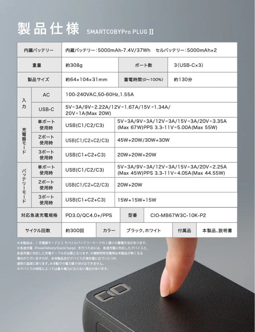 CIO モバイルバッテリー コンセント一体型 急速充電器