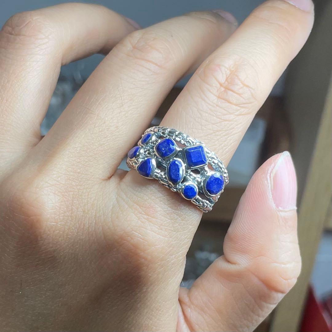 天然石リング　ラピスラズリ　8pcs ブルー　SV925刻印