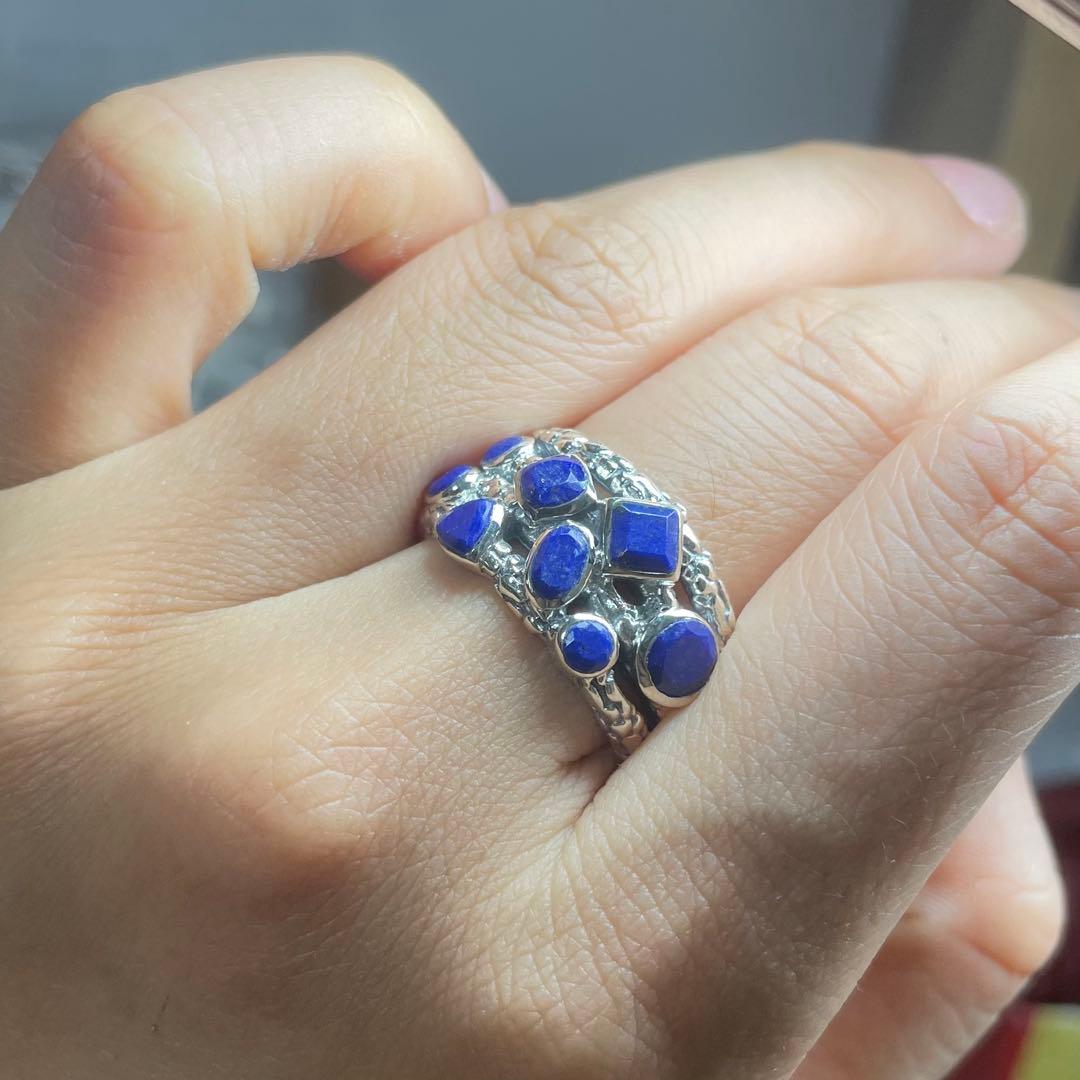 天然石リング　ラピスラズリ　8pcs ブルー　SV925刻印