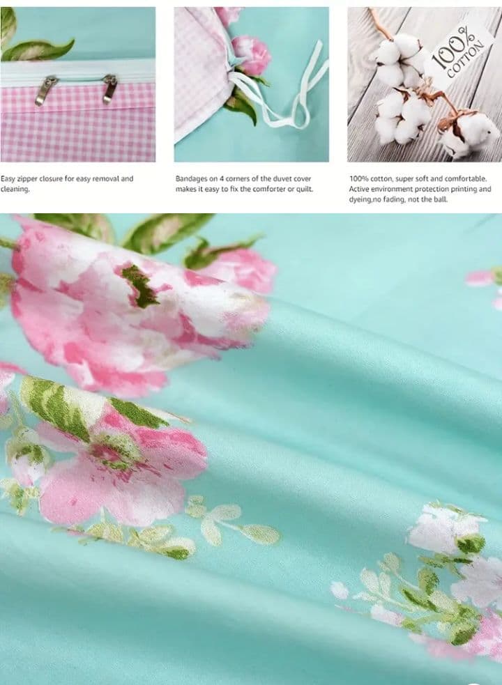 最高級新品★ティファニーブルー薔薇ビオニー綿100%シングル掛け布団枕カバー3点