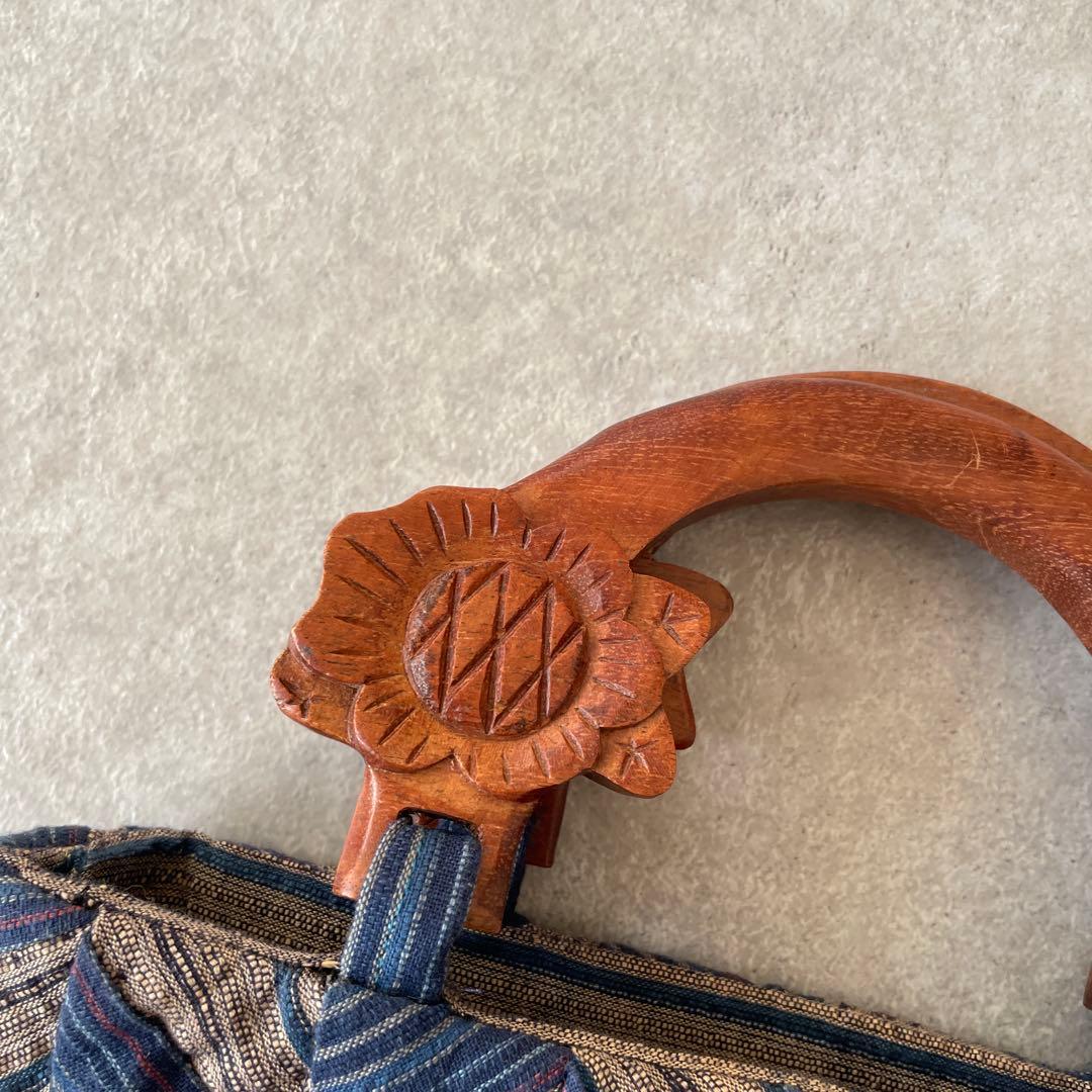 美品【定価2.5万】紬 ヘリンボーン ウッドハンドル パッチワーク バッグ