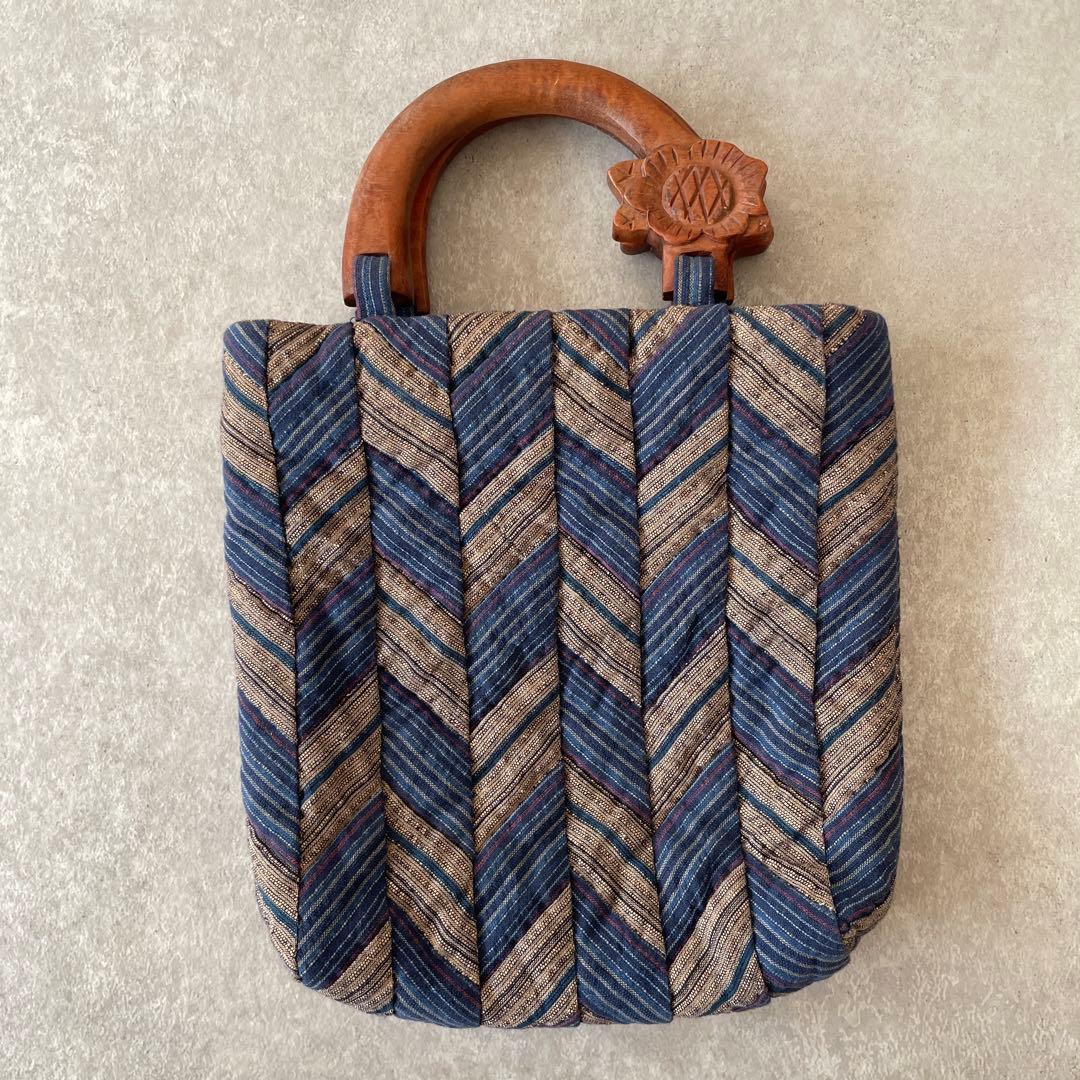 美品【定価2.5万】紬 ヘリンボーン ウッドハンドル パッチワーク バッグ