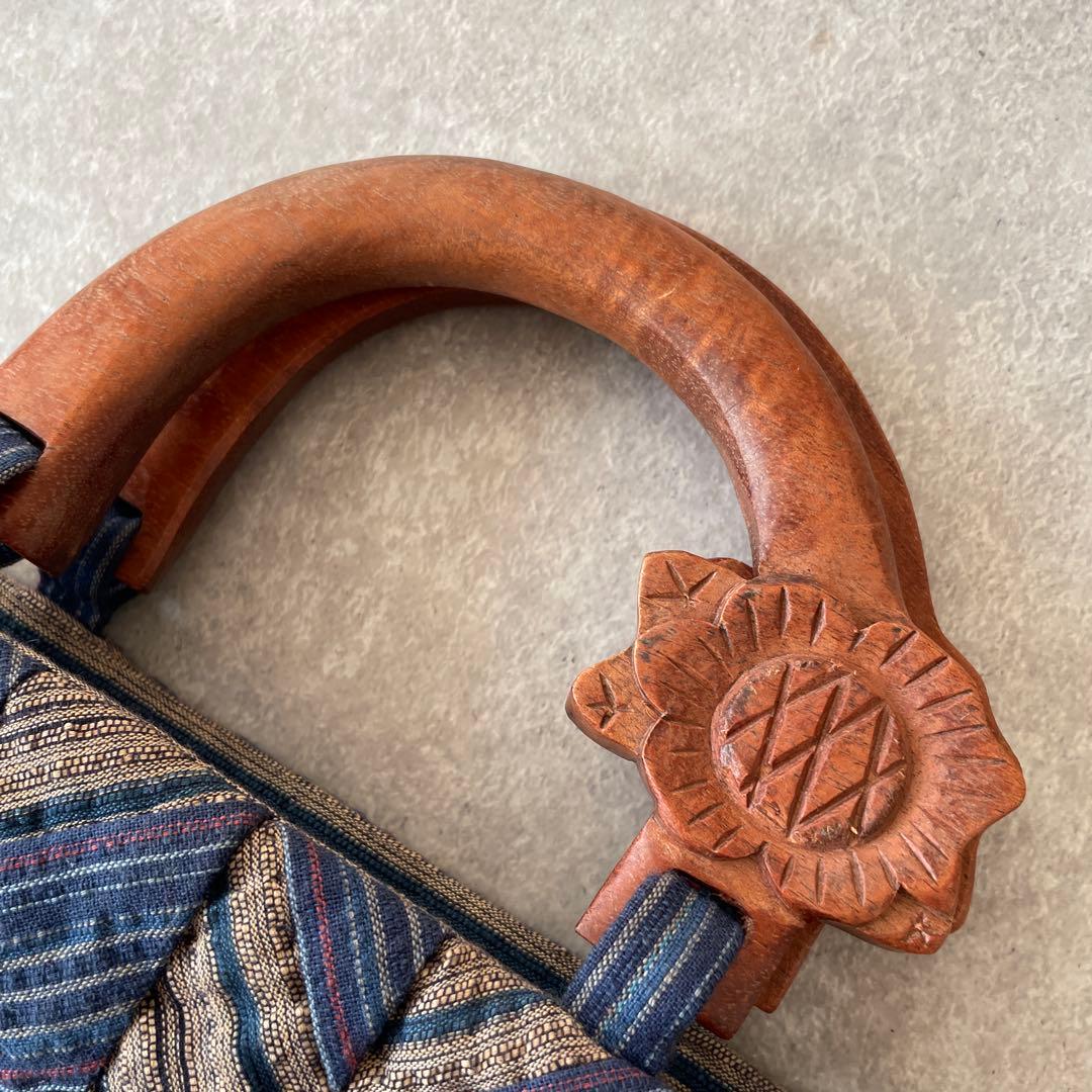 美品【定価2.5万】紬 ヘリンボーン ウッドハンドル パッチワーク バッグ