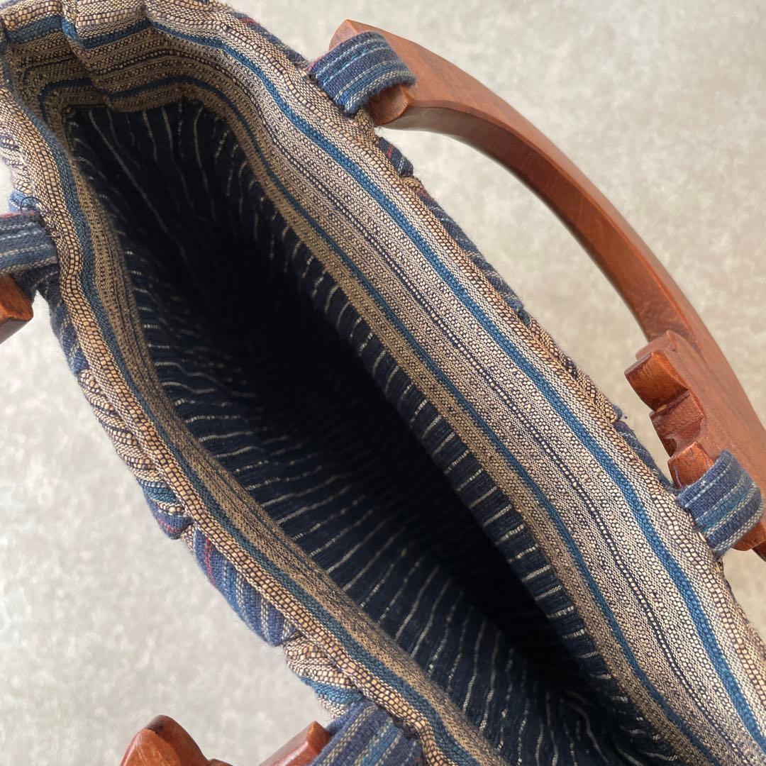 美品【定価2.5万】紬 ヘリンボーン ウッドハンドル パッチワーク バッグ