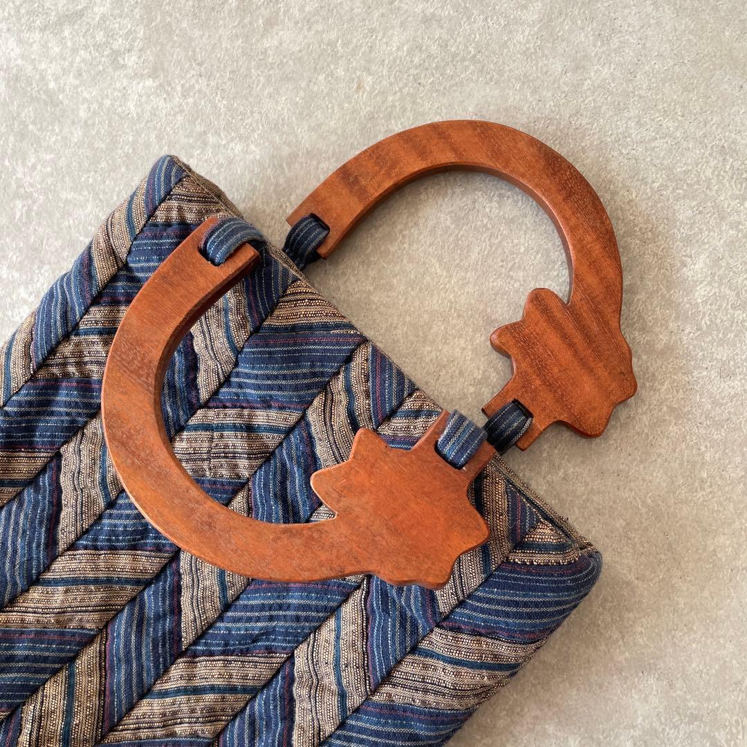 美品【定価2.5万】紬 ヘリンボーン ウッドハンドル パッチワーク バッグ