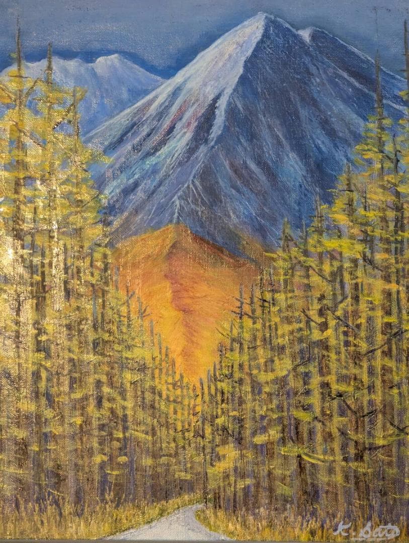 【真作】絵画　佐藤興吾　油彩6号　常念岳への道　紅葉と山岳の情景画　Z105