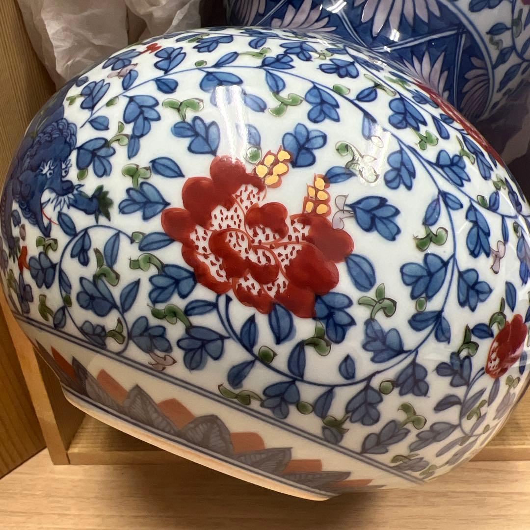 源右衛門　花瓶 牡丹　獅子　有田焼　二重ひょうたん型 陶器 花柄