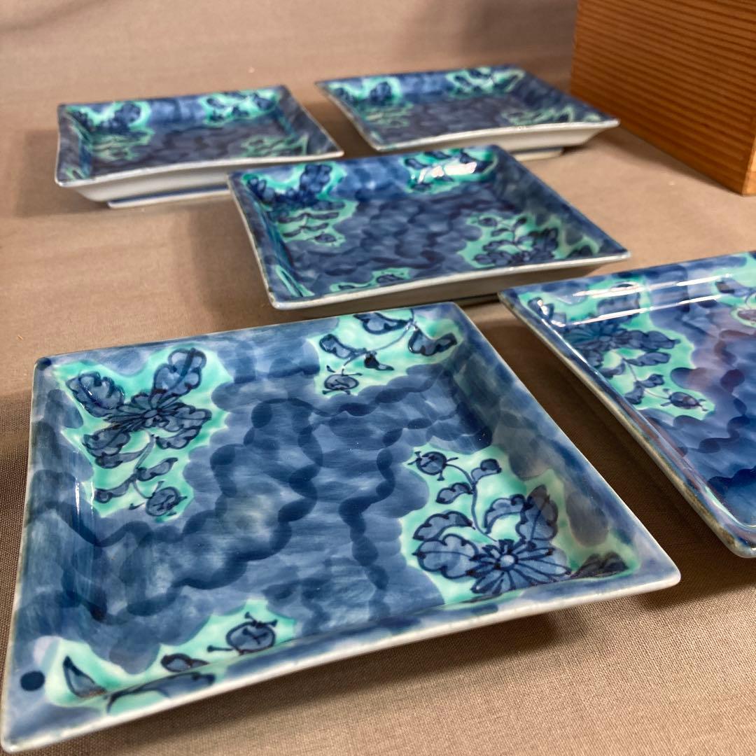 【源右衛門】古伊万里の伝統　日本名窯　舘林源右衛門作　染錦青彩菊絵　銘々皿五枚揃