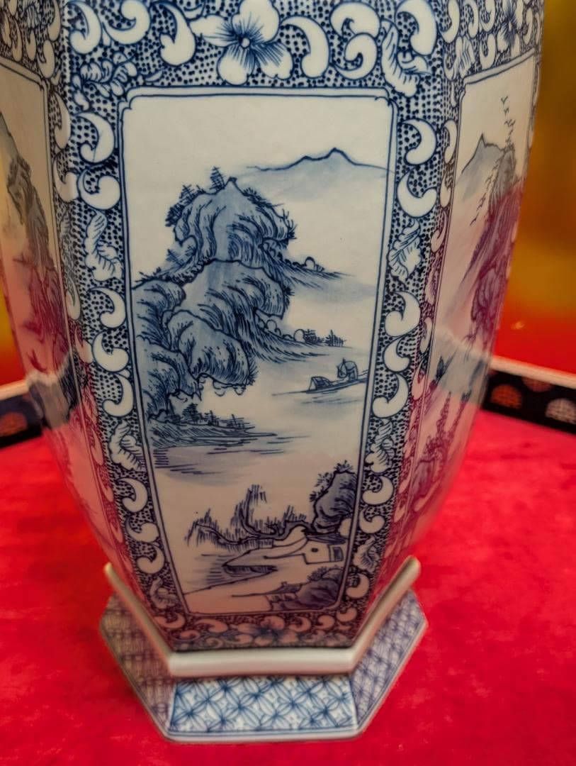 六角形　山水文　大壺　花瓶　景徳鎮