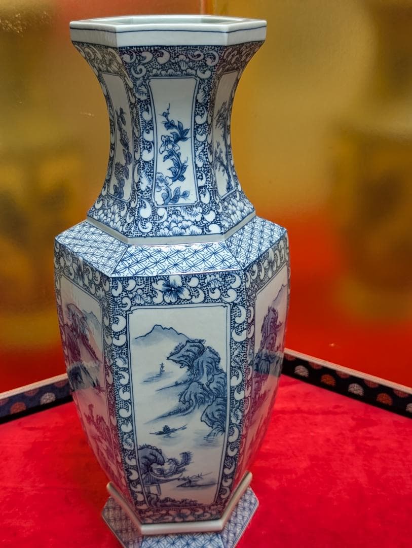 六角形　山水文　大壺　花瓶　景徳鎮