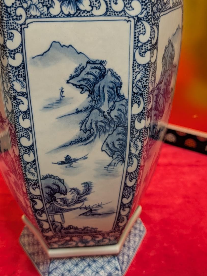 六角形　山水文　大壺　花瓶　景徳鎮