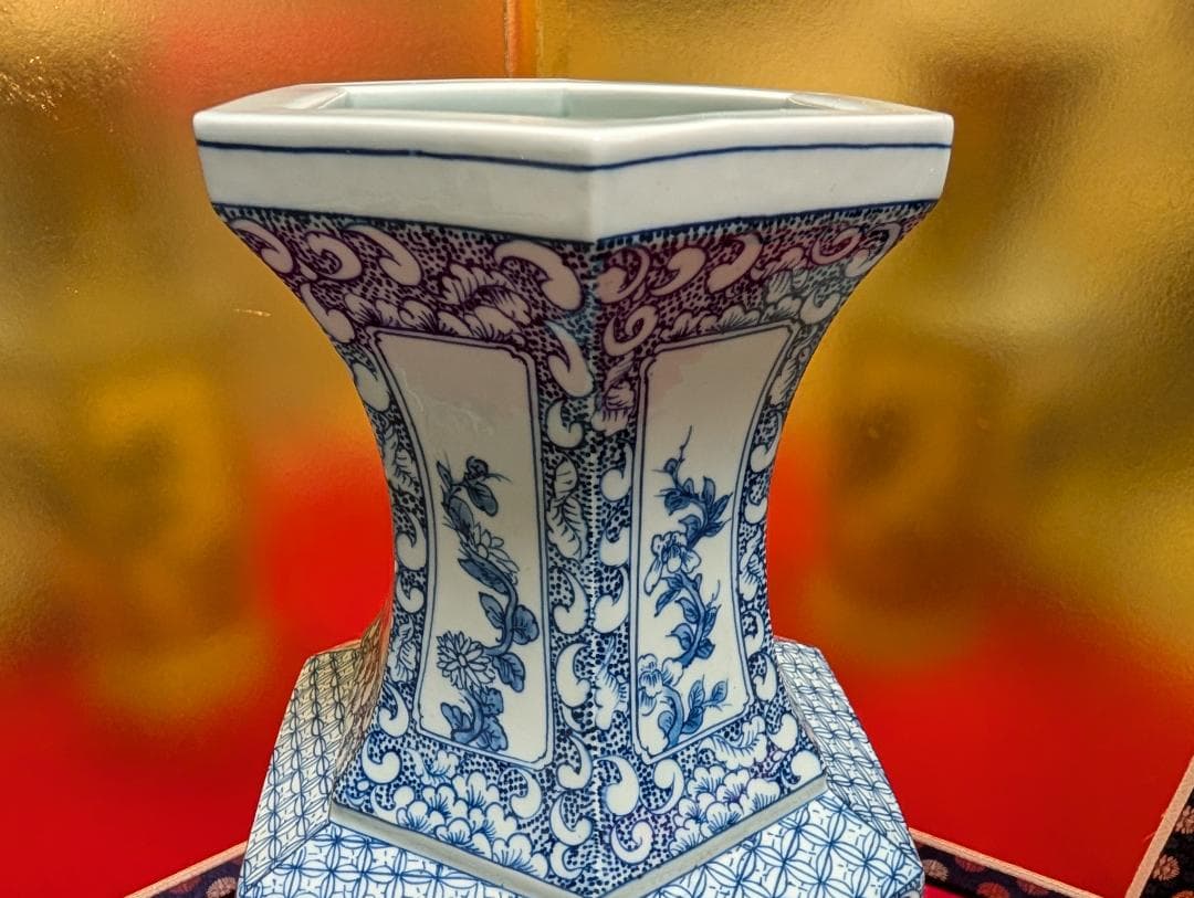 六角形　山水文　大壺　花瓶　景徳鎮