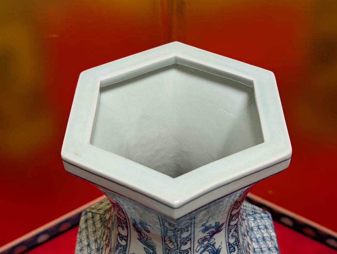 六角形　山水文　大壺　花瓶　景徳鎮