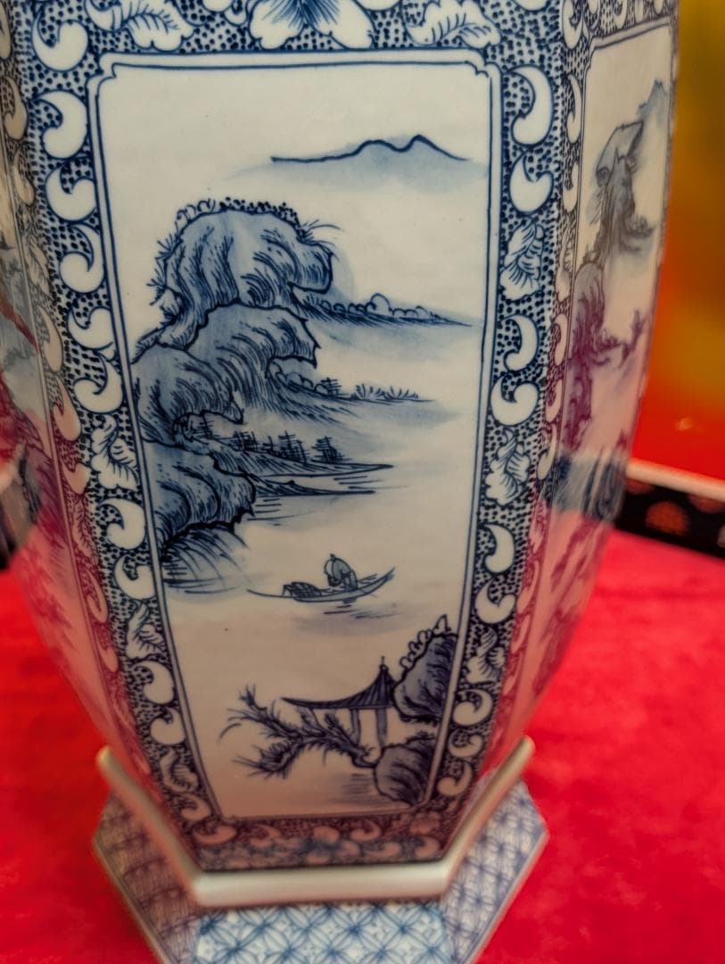 六角形　山水文　大壺　花瓶　景徳鎮
