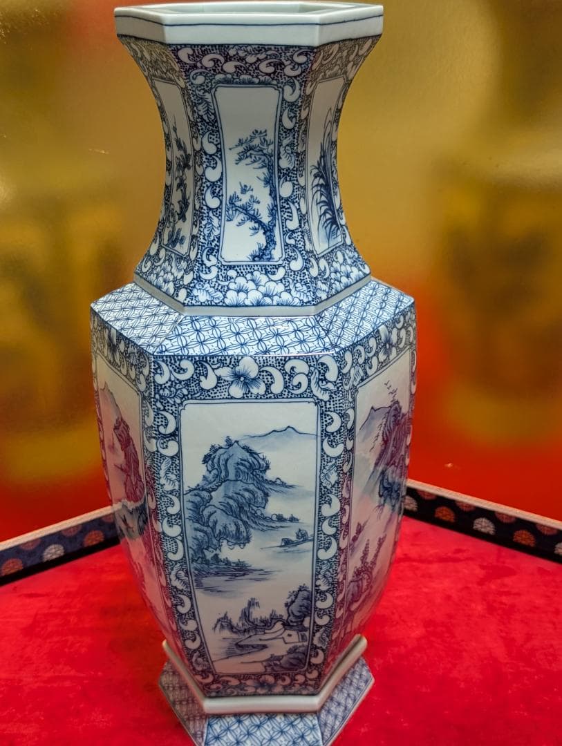 六角形　山水文　大壺　花瓶　景徳鎮