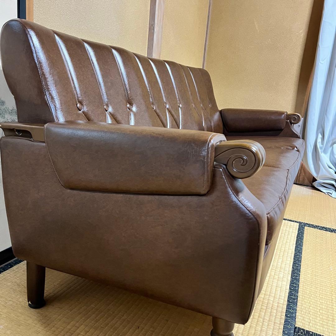 2/28まで！　昭和レトロ　ブラウン　合皮3人掛けソファー