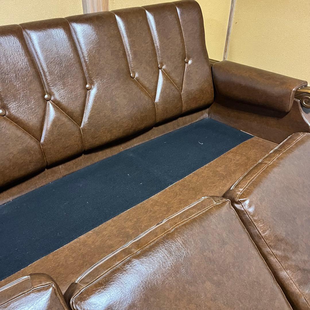 2/28まで！　昭和レトロ　ブラウン　合皮3人掛けソファー