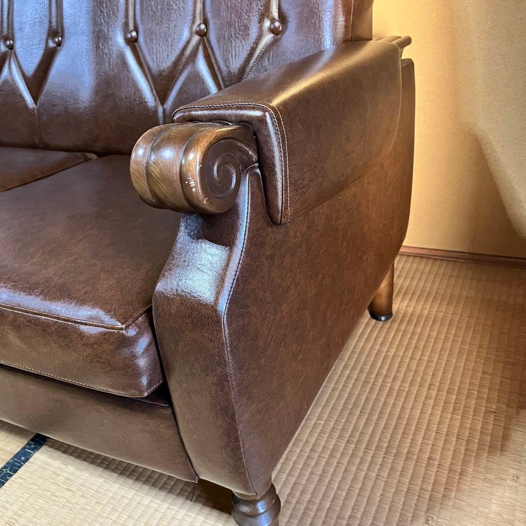 2/28まで！　昭和レトロ　ブラウン　合皮3人掛けソファー