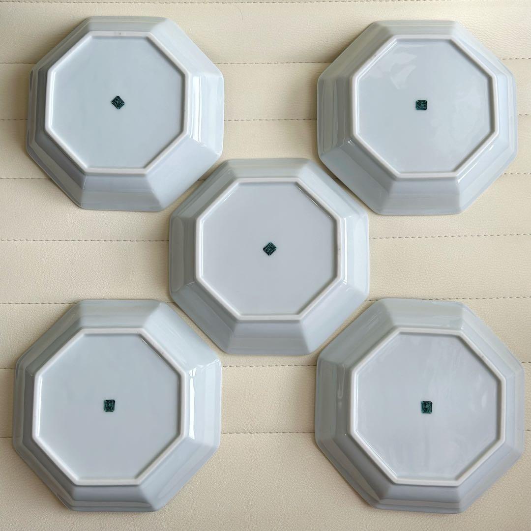 九谷焼　青郊窯　中皿揃　5枚セット　八角皿　染付花鳥　深皿　取り皿　和食器　青手