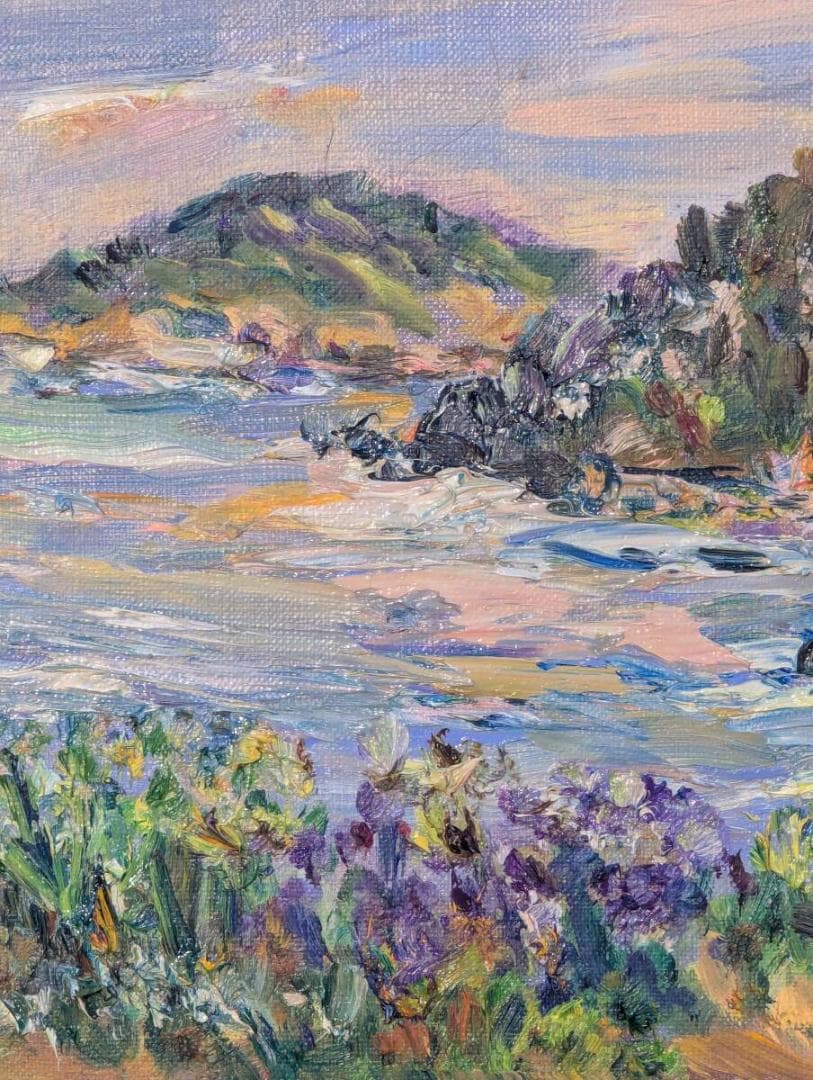 【真作】絵画　加藤直子　油彩3号　雄島遠望　花咲く岬の風景　Z166