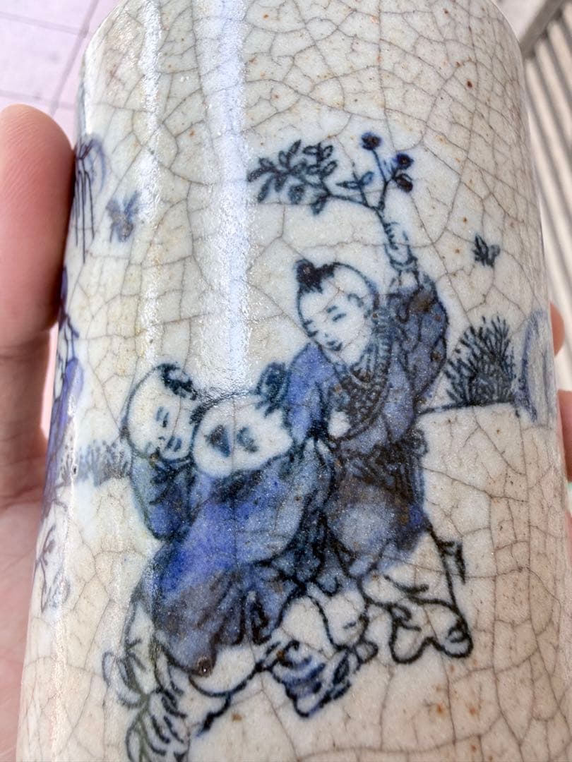 【骨董】清時代青花 貫入 染付の筆筒　古玩