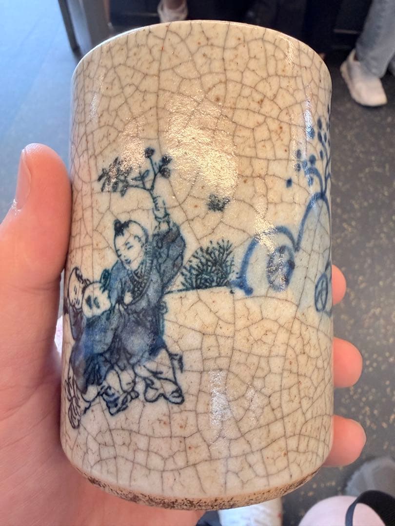 【骨董】清時代青花 貫入 染付の筆筒　古玩